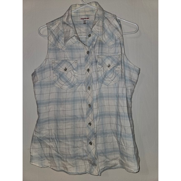 True Religion Tops - True Religion Womens XL Blue Plaid Sleeveless Western Button Down Shirt Top